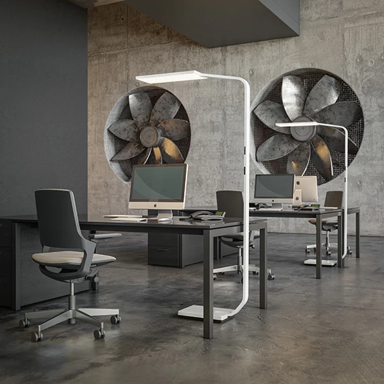 The base contains the complex control systems and is discreetly positioned under the desk. Visualisation: DesignRaum