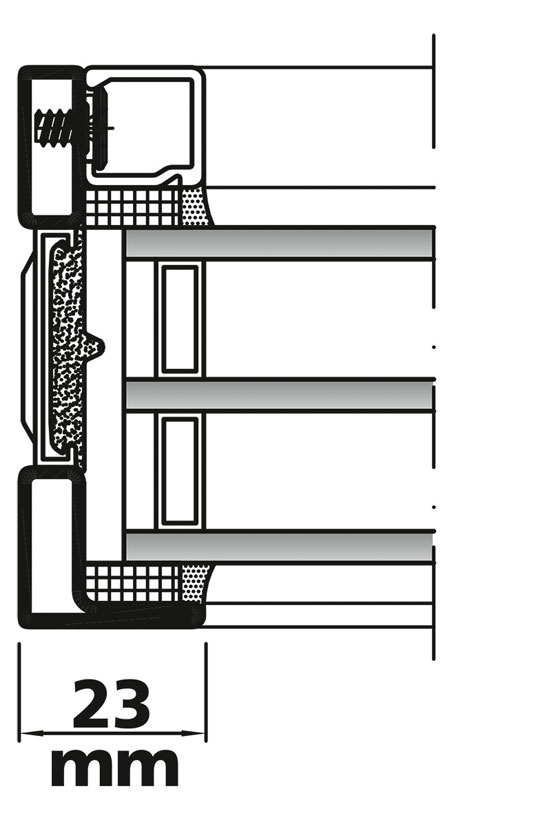 The narrowest profile – just 23 mm wide – can even hold vertical triple glazing. The section shows the steel web of thermal separation with a plastic seal. The aluminium glazing bead can also be made of steel if so requested