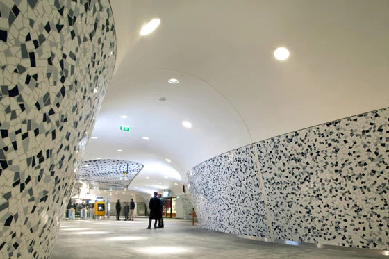 Surfaces throughout the renovated Delft railway station are decorated with a mosaic of white and blue tiles that evokes the city’s famous ceramics; photo: Koninklijke Mosa