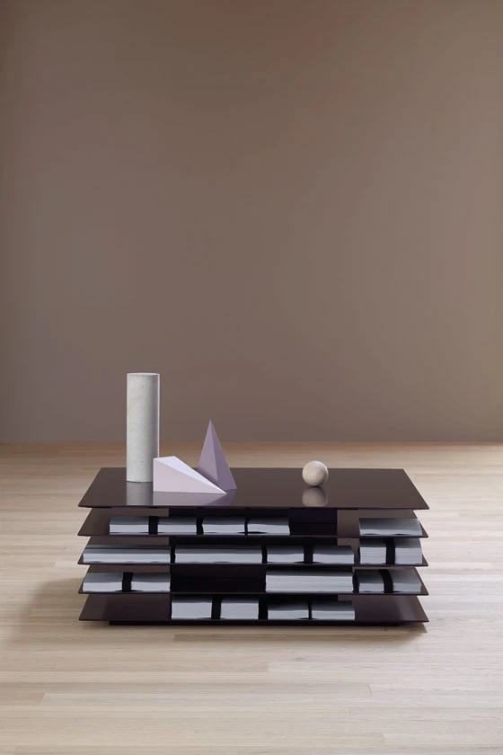 The metallic Millefoglie coffee table was designed by Emanuel Gargano and Anton Cristell and is being presented for the first time at IMM in Cologne this January. Its geometric multi-level suspended appearance was inspired by a millefeuille layered cake