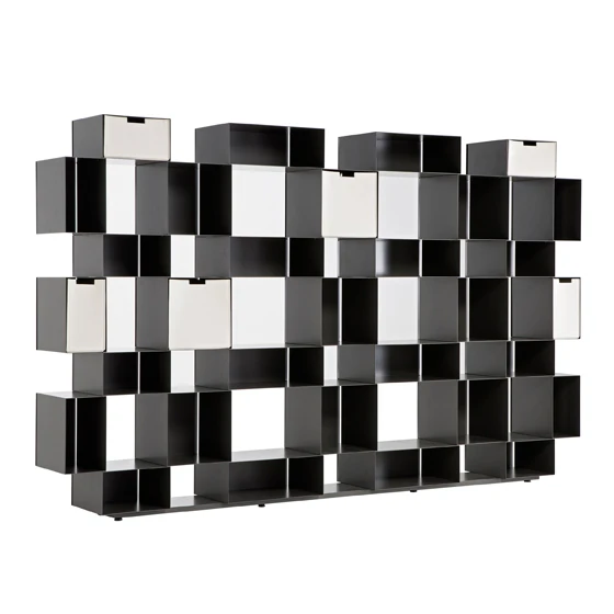 Amura’s new modular lacquered metal bookshelf Eresia (Heresy in English) is intentionally slightly asymmetrical