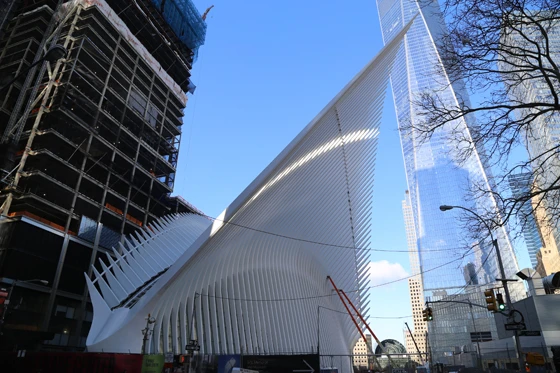 A band of glazing allows light to flood into the main transit hall and provides views of the adjacent One World Trade Center. The skeletal structure has been compared to everything from a Pokémon to a turkey carcass
