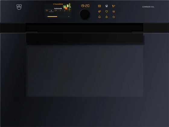 Front panel with deployed handle, which at the same time releases the oven's air slit for the warm exhaust air, making the conventional exhaust slot obsolete