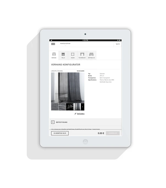 Mit dem integrierten Konfigurator des Shopmoduls können Kunden ihre textilen Produkte - Gardinen, Kissen, Tischdecken etc. - ganz nach ihren Wünschen rund um die Uhr zusammenstellen