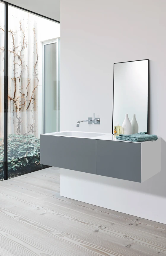 Alape's archly architectural Folio washplace marries rational yet warm design with the latest in glazed-steel production technology