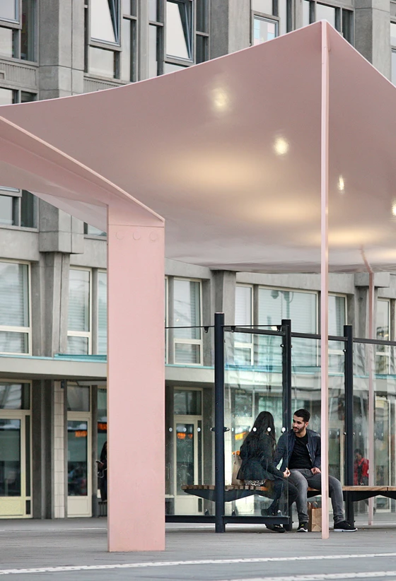 MAXWAN architects + urbanists have created a series of limited-budget, ludic bus stops to help shape the public realm around Rotterdam’s Central Station that feature the world’s thinnest steel roofs. Photos: Filip Dujardin