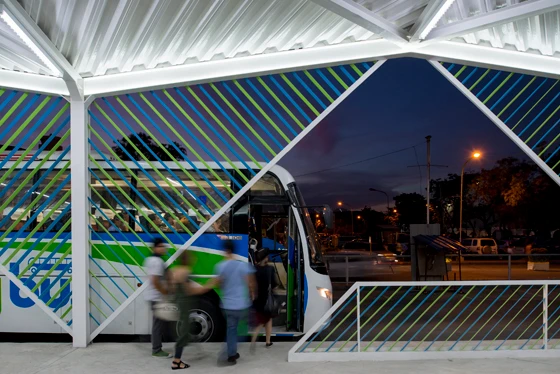 Ziggurat-form roofs and glass panels, supported by linear graphics, characterise architectural office CAZA's series of bus stations for the city of Cebu, Philippines, a reference to local basket-weaving traditions. Photos: Frank Callaghan