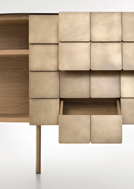 The classic yet characterful design of the Yoroi sideboard by Alessandro Masturzo exemplifies De Castelli’s passion for developing products that give metal a new and surprising form