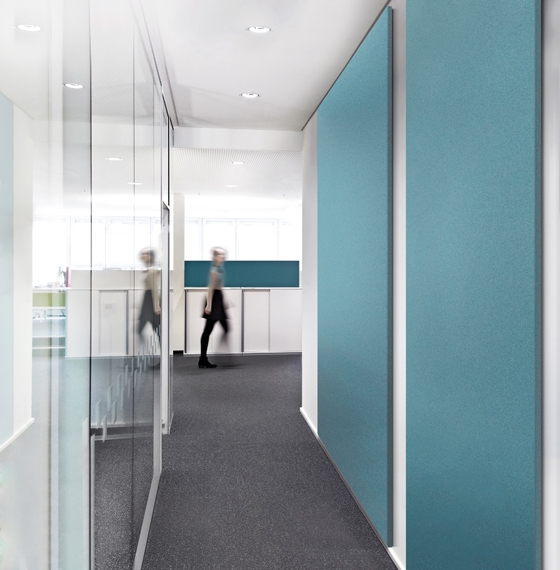 The WALL COVER textile wall panel system is easy to mount and enhances spaces visually as well as acoustically