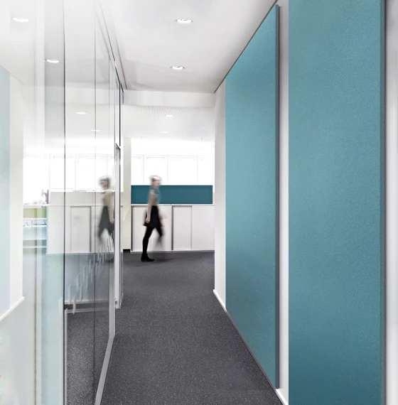 The WALL COVER textile wall panel system is easy to mount and enhances spaces visually as well as acoustically