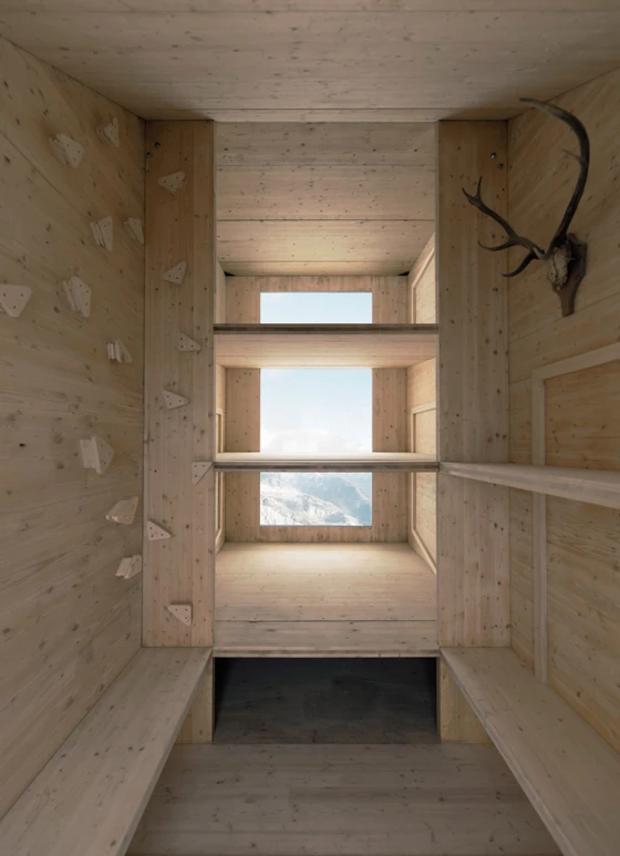 Intrepid climbers who make it to the top of Mount Kanin in Slovenia can take refuge in OFIS Arhitekti’s dramatically cantilevering micro cabin, which is tethered in place by a series of cables. Fotos: Janez Martincic & Ales Gregoric
