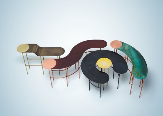 As a group the Scribble series of coffee tables by Francesca Lanzavecchia exhibit the varied palette made possible by exposing copper to different oxidations. Like paint strokes they have playful names such as Dot, Comma, Accent and Bracket