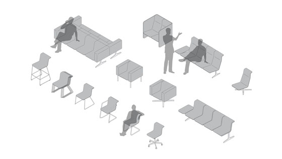 Alain Berteau and his colleagues have taken the existing TAB chair for Bulo and created a total system, where each type of chair can be elaborated into range of flexible seating configurations, including beam and sectional sofas
