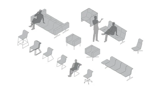 Alain Berteau und seine Kollegen haben auf Basis des erfolgreichen TAB-Stuhls ein umfassendes System entwickelt in dem jedes Sitzelement in eine flexible Sitzkonfiguration eingepasst werden kann, wie z.B. Sitzreihen oder Wohnlandschaften