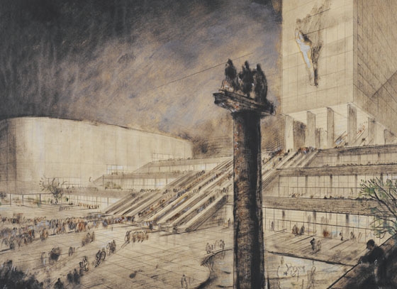 Rufus Gilbert, Gilbert's Pneumatic Railway (top). Mckim, Mead and White: Grand Central Terminal, 1903 (middle). Paul Rudolph, Lower Manhattan Expressway (bottom)