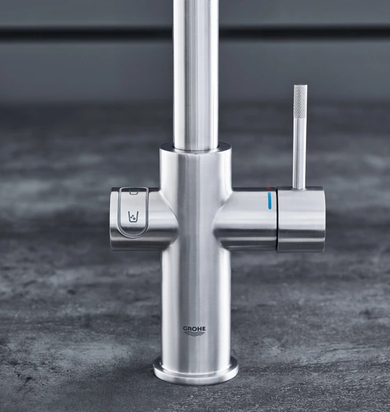 The Grohe Blue water-filtration system tackles environmentally damaging plastic-bottling head on. Tap water, controlled by an architecturally expressive faucet, passes through a high-performance filter, where it is cooled, and if desired, carbonated