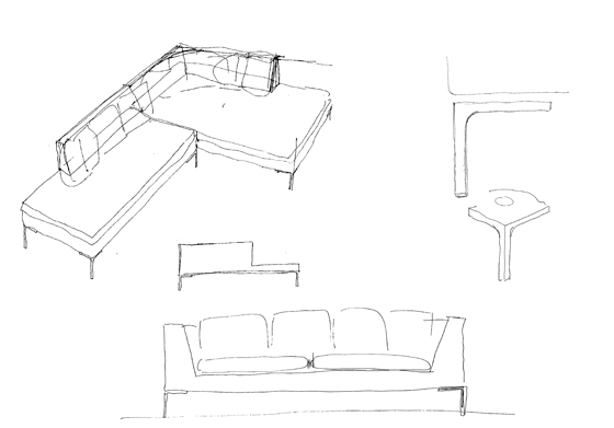 Oben: Antonio Citterio, Designer des hochflexiben, modularen Charles Sofasystems. Unten: Charles-Skizzen von Citterio