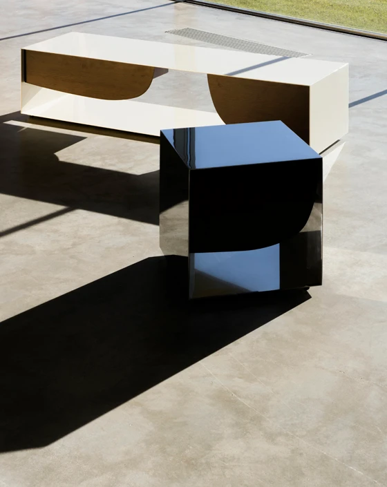 Claesson Koivisto Rune designed the Sun and Moon cabinets as sculptural and functional pieces for use as bedside furniture, TV consoles or occasional tables, with drawers concealed behind the rounded fronts