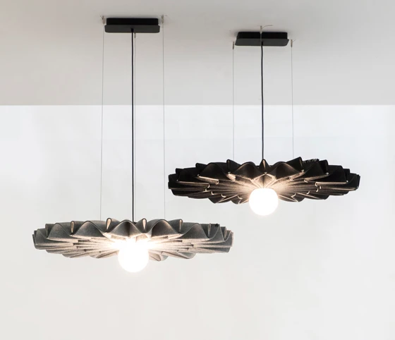 Different forms, same high performance. Healthy light levels and managed acoustics, thanks to BuzziZep LED Line and BuzziHat (top and middle; designed by Alain Gilles) and BuzziPleat LED (above)