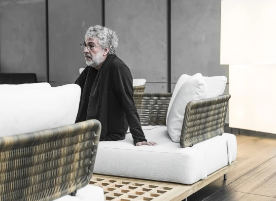 Top: Christophe Delcourt based the Dan tables on the geometric properties of a circle. Above: Brazilian architect Marcio Kogan borrowed elements and materials from boating and nature when creating the Quadrado sofa system