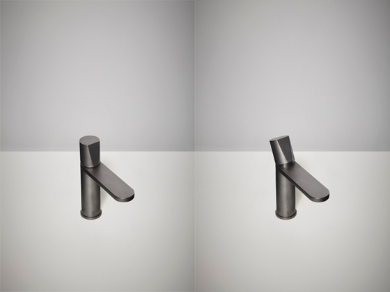 Top: the Azimut showerhead rotates 180°. Above: the Indigo tap with its offbeat angled head