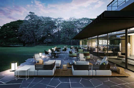 The products seem at home in sophisticated environments featuring large windows, greenery and elegant surface finishes that complement the refined detailing of the pieces