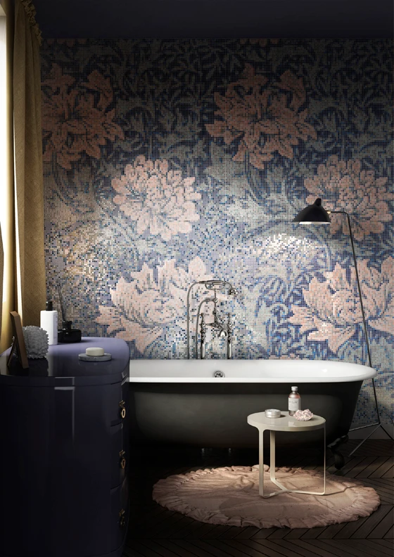 The shapes of plants and flowers are abstracted to create extremely versatile repeating patterns that recall the wallpapers and tapestries found in stately homes