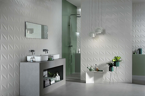 Bäder sind zu einem Ort der Ruhe und des Luxus geworden. Atlas Concorde hilft mit Kollektionen wie Mek (oben) und 3D Wall Flash (unten) dabei, das entspannende Ambiente eines Spa nach hause zu holen