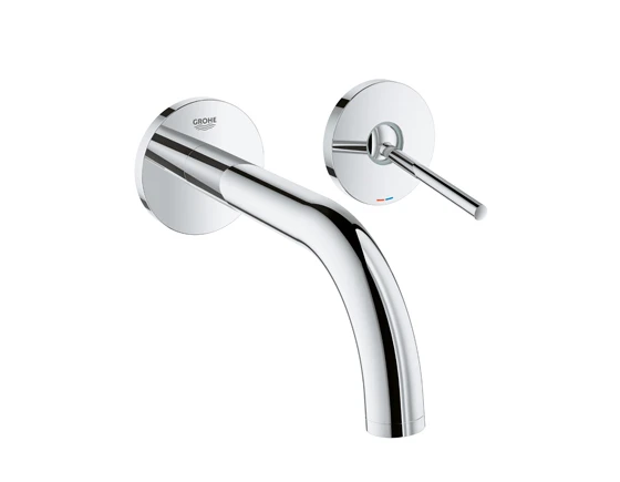 Atrio’s many permutations include wall-mounted spouts accompanied by cross-shaped taps, lever handles or joystick controls