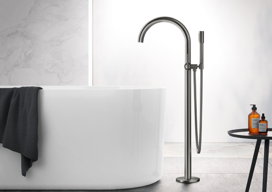Top: a bathtub with tap, hand shower and lever handles. Middle: a washbasin tap and subtly traditional taps. Above: a tall bath tap with showerhead