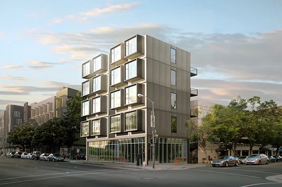 The stackable Kasita Community can be set on a podium to create ground level mixed-use space. Photo: Kasita