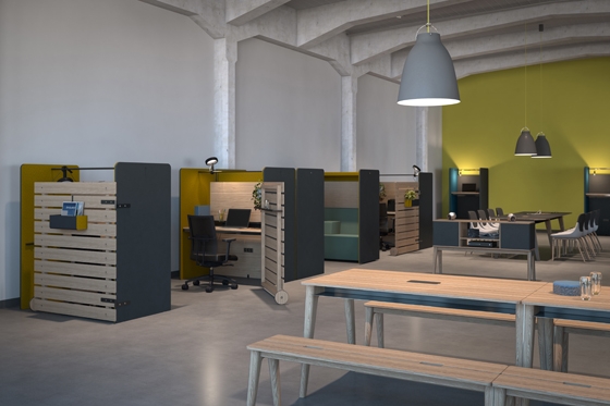 Modern working à la Fleischer: with lots of wood and natural tones, the working space becomes a living space, as seen here in the Cottage and Section furniture lines, which will be presented at this year's Orgatec